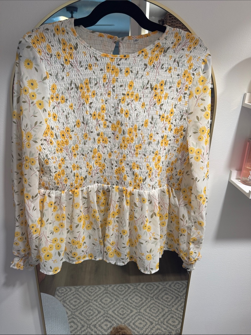 Women's White & Yellow Floral Smocked Peplum Blouse Size XL